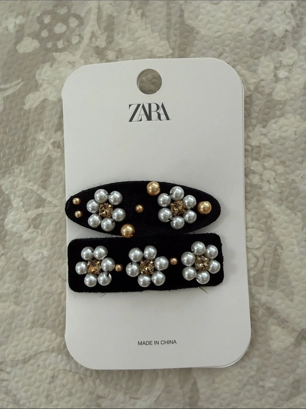 ZARA Pearl Floral Embellished Black Hair Clip Set NWT